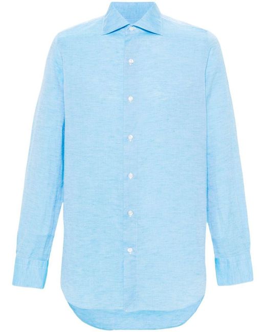 Finamore 1925 Blue Cotton And Linen Blend Shirt for men