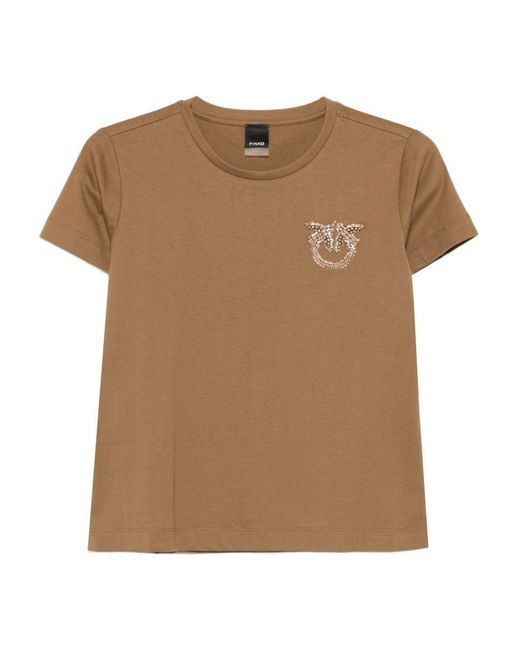 Pinko Brown Cotton Crew-Neck 'Nambrone' T-Shirt With Logo