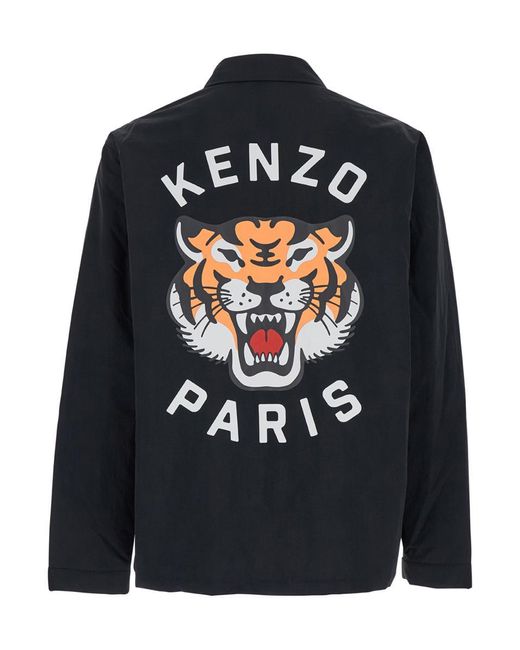 KENZO Blue Overshirt With Tiger Embroidery for men