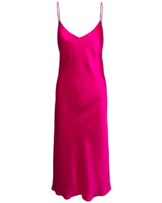 Plain Pink Midi Fuchsia Slip Dress With Spaghetti Straps Woman