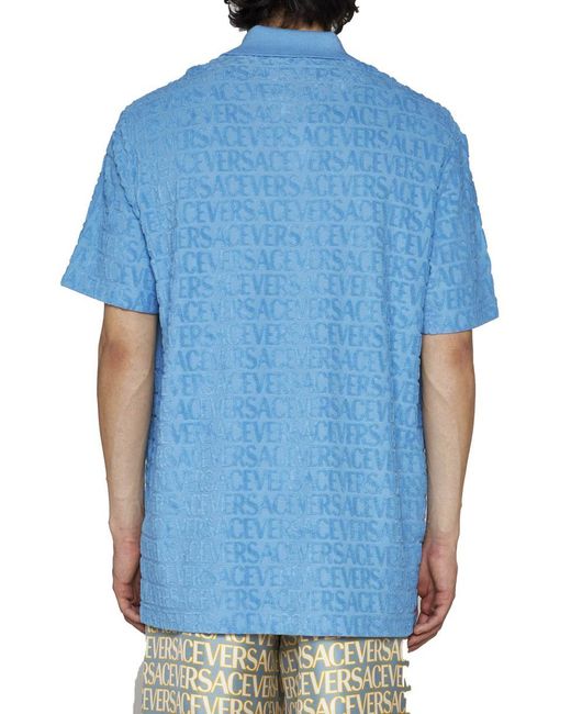 Versace Blue Logo Embroidered Cotton Polo Shirt for men