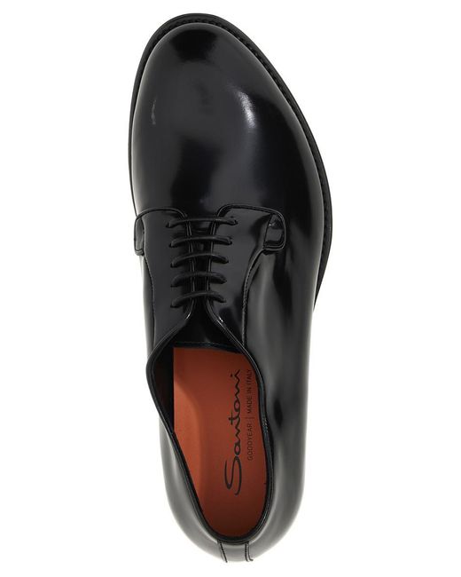 Santoni Black Shiny Leather Lace Up Shoes Flat Shoes for men