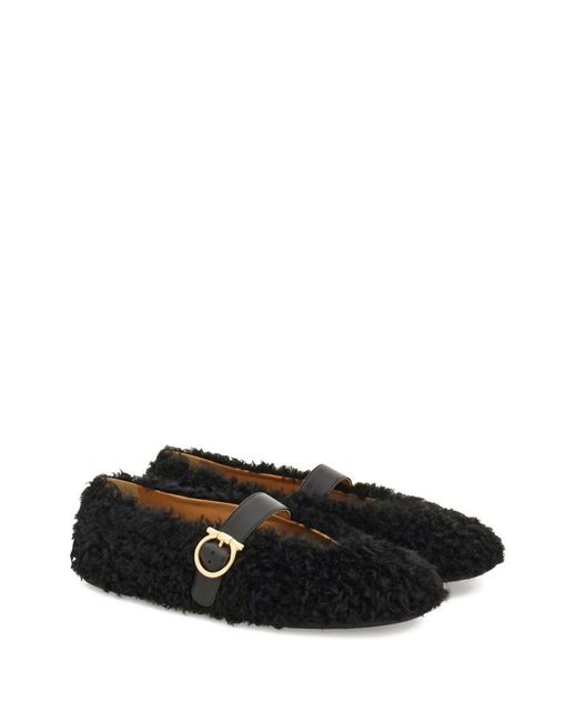 Ferragamo Black Buckle-Fastening Shearling Lace-Up Shoes