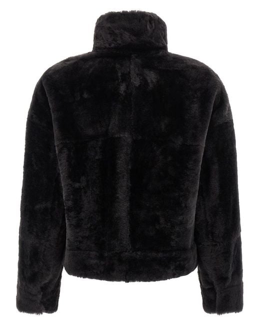 Brunello Cucinelli Black 'shiny Zipper Pull' Shearling Jacket