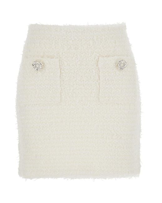 Self-Portrait White Miniskirt With Pearl Embellishments And Button Detail