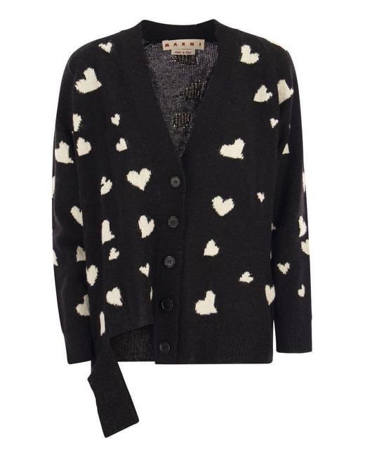 Marni Black Long Wool Cardigan With Bunch Of Hearts Motif