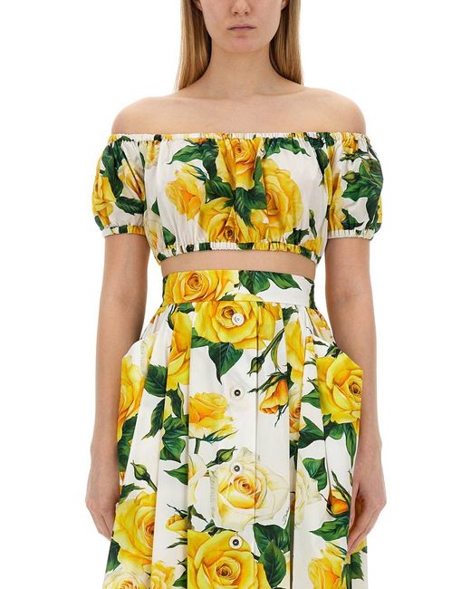 Dolce & Gabbana Yellow Crop Top With Floral Print