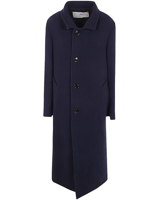 AMI Blue High Collar Long Jacket For
