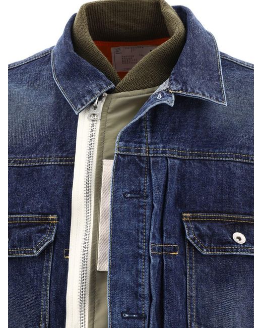 Sacai Blue Denim Jacket With Nylon Inserts for men