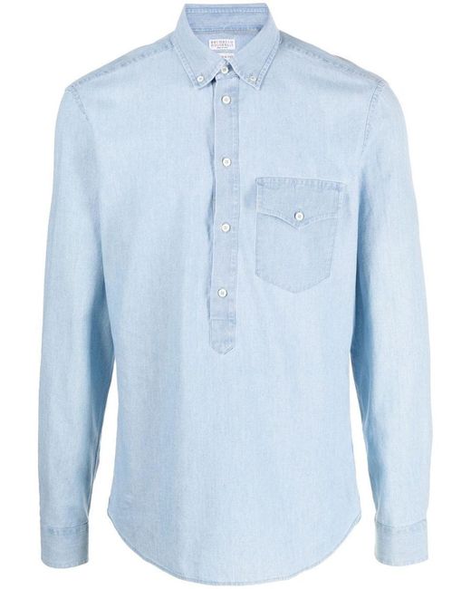 Brunello Cucinelli Blue Denim Shirt With Pocket for men