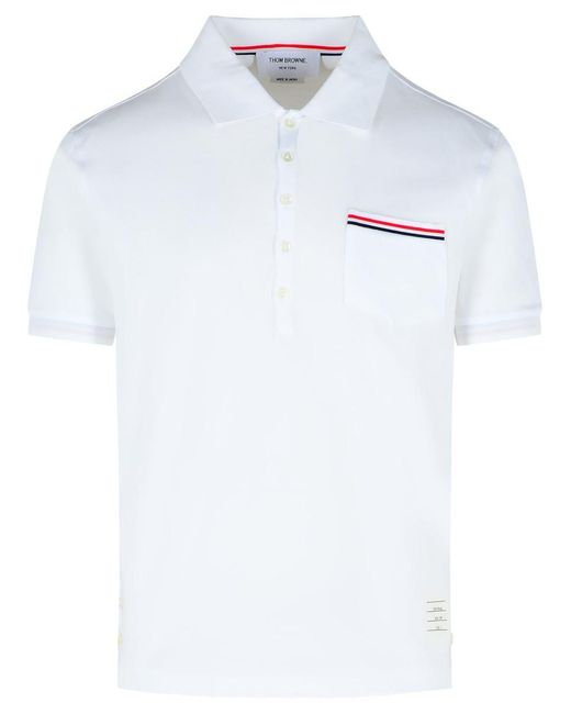 Thom Browne White Cotton Polo Shirt With Tricolor Detailing for men