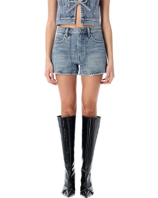 Alexander Wang Blue Clear Bead Hotfix High-Waist Workwear Denim Shorts