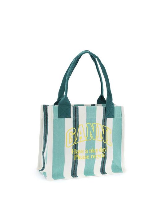 Ganni Recycled Cotton Striped Tote Bag in Blue