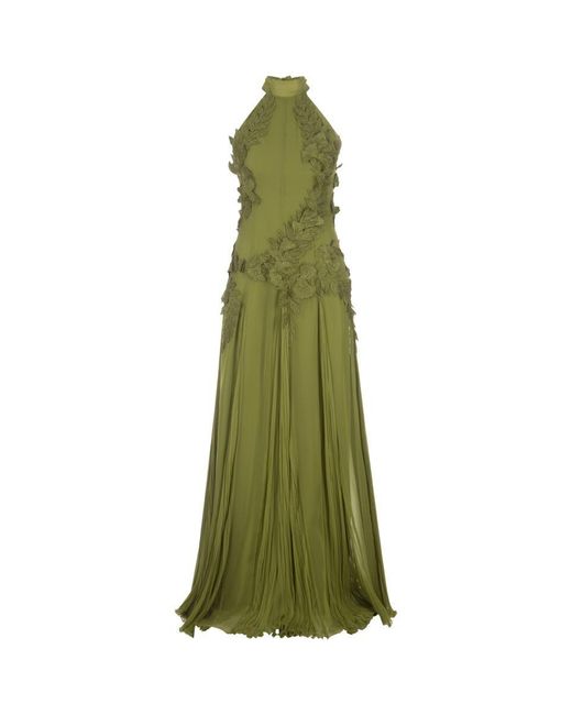 Alberta Ferretti Green Long Chiffon Dress With Flowers And Remage Embroidery