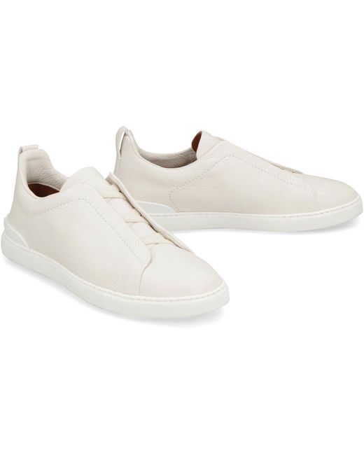 Zegna White Triple Stitch Leather Sneakers for men