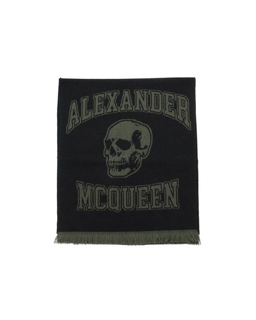 Alexander McQueen Black Varsity Logo Wool Scarf for men