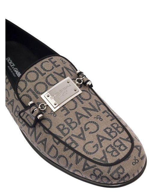 Dolce & Gabbana White 'ariosto' Beige Loafers With Logo Plaque In Coated Canvas Man for men