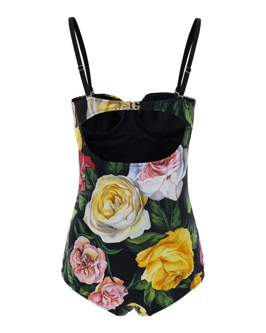 Dolce & Gabbana Red One-Piece Swimsuit With Buckle With Logo On The Rear And All-Over Floral Print