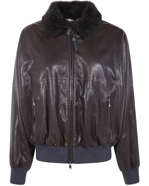 Brunello Cucinelli Black Leather Bomber Jacket