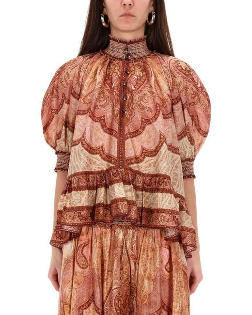 Zimmermann Pink "Wanderlust" Ruffle Blouse