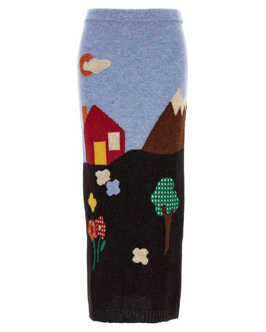 Moschino Blue Shetland Wool Knit Skirt With Landscape Intarsia