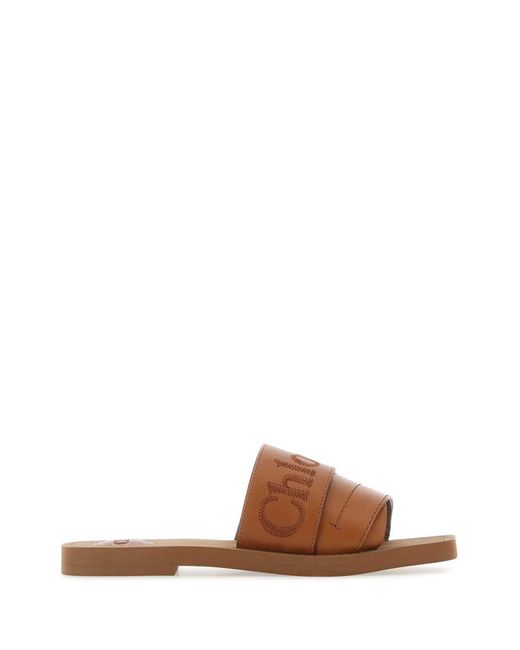 Chloé Brown Woody Logo-print Leather Sandals