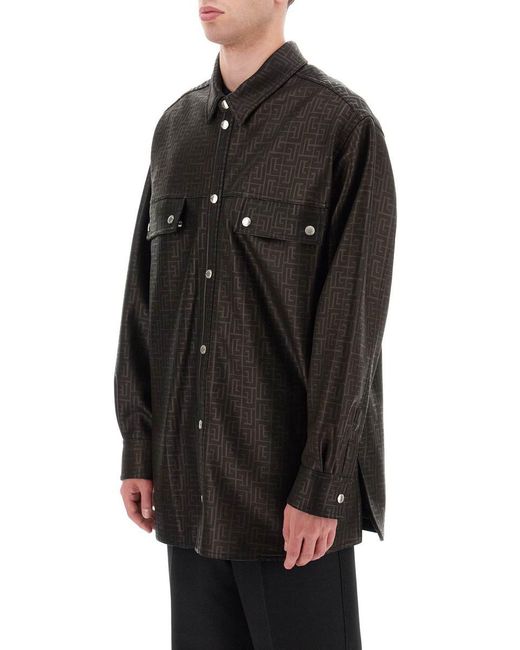 Balmain Black Monogram Leather Overshirt for men