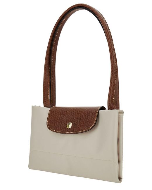 Longchamp Brown L Le Pliage Original White Shoulder Bag With Embossed Logo In Canvas