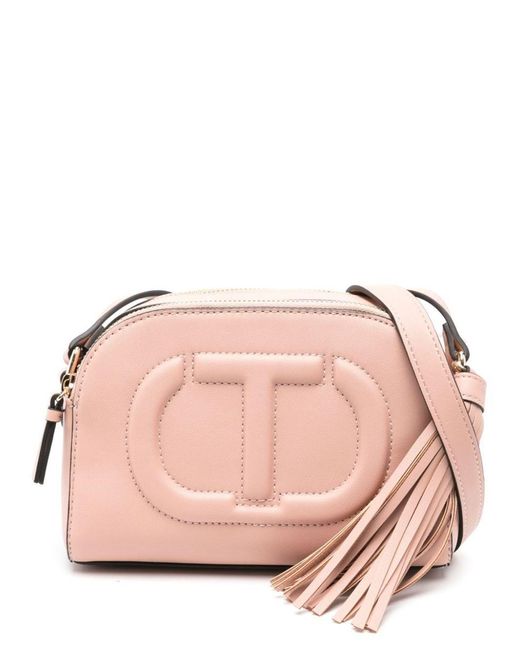 Twin Set Pink Faux Leather Shoulder Bag With Embossed Oval T