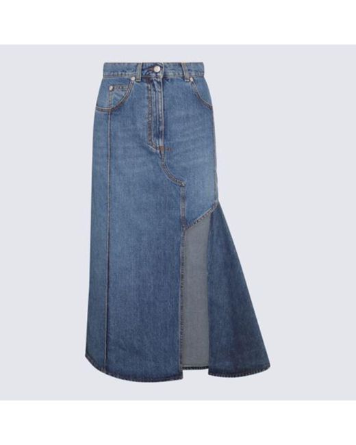 Alexander McQueen Blue Cotton Slashed Denim Skirt