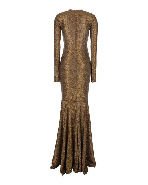 Norma Kamali Natural Metallic Long Dress With V-Neck And Sequin Decorations