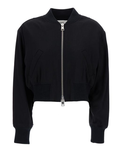 AMI Black Crop Bomber Jacket With Logo Patch In Wool Blend Woman