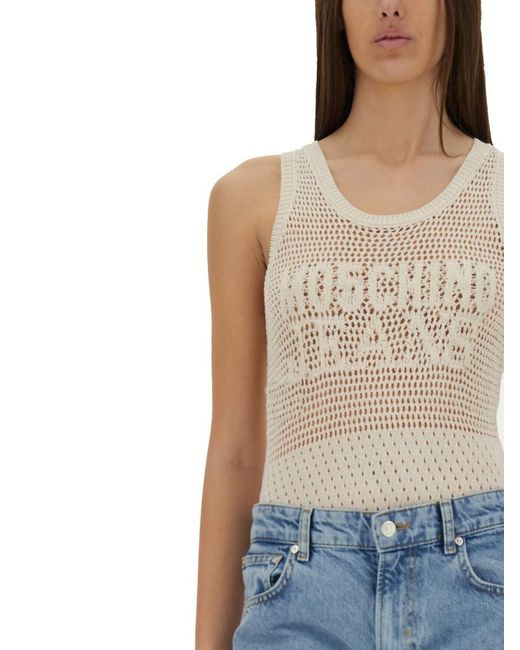 Moschino Blue Slim-Fit Mesh Top With Distinctive Logo Design