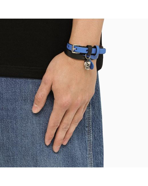 Alexander McQueen Blue Double Wrap Leather Bracelet for men