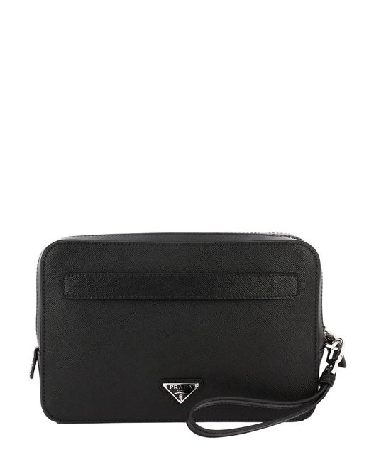Prada Black Genuine Saffiano Leather Bag With Classic Logo And Wrist Tab for men