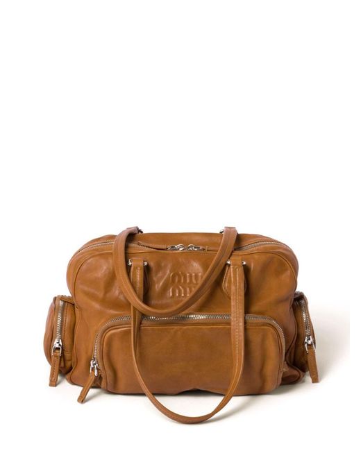 Miu Miu Brown Logo-Embossed Leather Tote Bag