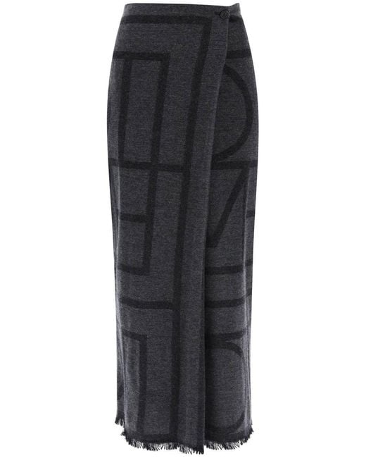 Totême  Black Toteme Monogram Wool Maxi Sarong Skirt