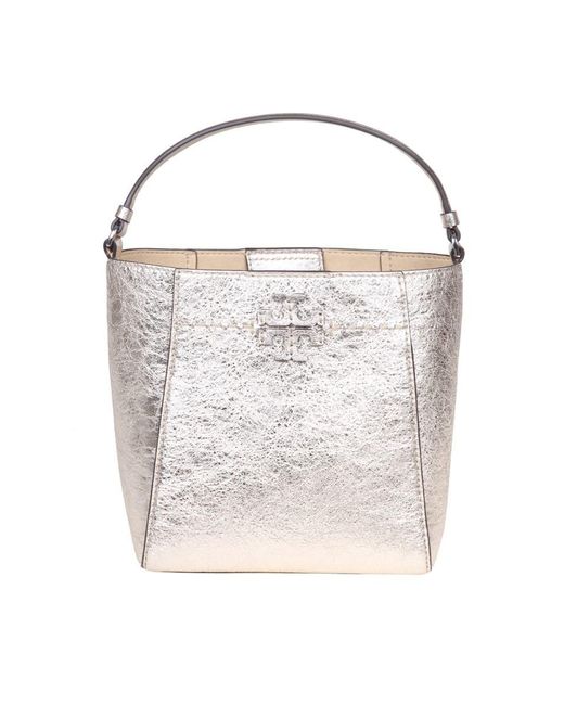 Tory Burch White Mcgraw Small Bucket In Gold Color Laminated Leather