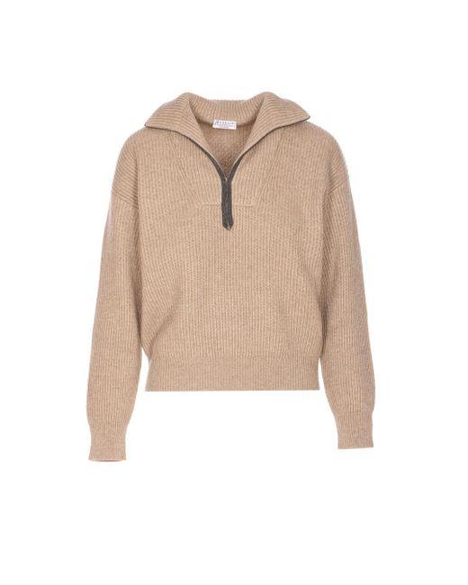 Brunello Cucinelli Natural Half-Zip Knit Sweater
