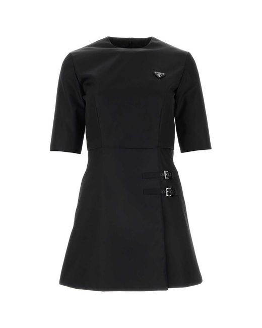 Prada Black Triangle-Logo Buckle-Detail Minidress