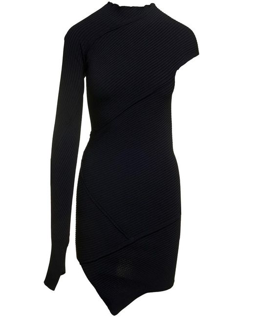 Balenciaga Black Mini One-shoulder Dress With Asymmetric Motif In Viscose Woman
