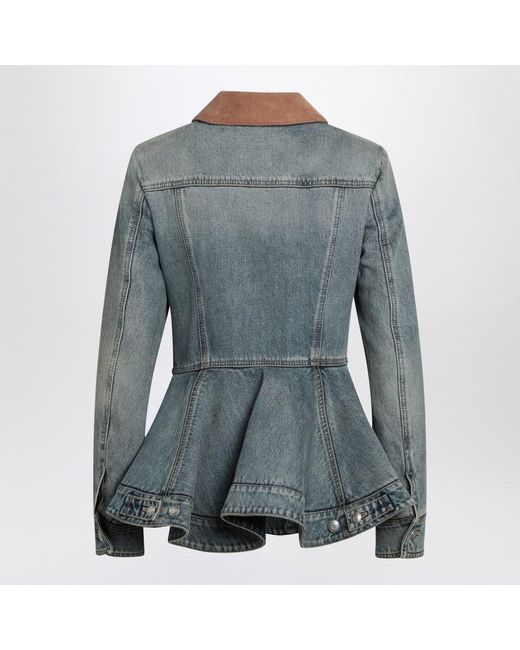 Alexander McQueen Gray Light Washed Denim Jacket With Ruffles