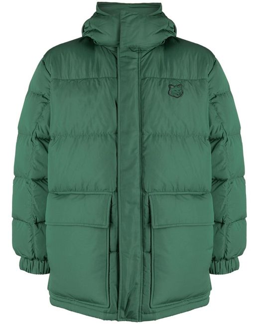 Maison Kitsuné Green Hooded Puffer In Nylon With Tonal Fox Head Patch Clothing for men