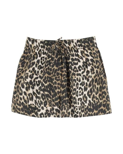 Ganni Black Leopard Poplin Shorts