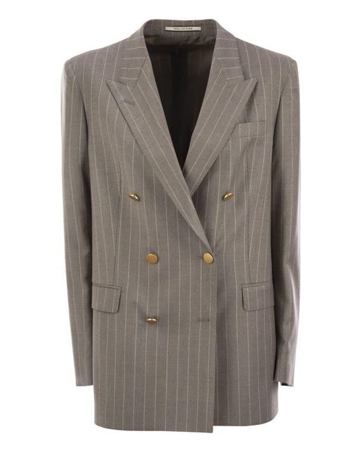 Tagliatore Gray Stretch Wool Double-Breasted Pinstripe Blazer