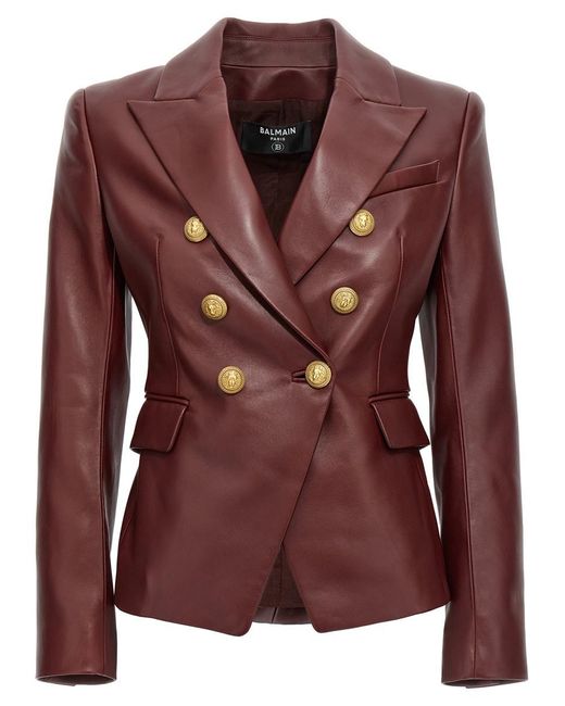 Balmain Brown Double-breasted Leather Blazer Jacket Jackets