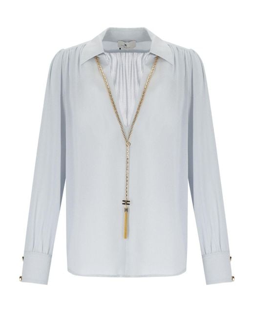 Elisabetta Franchi Blue Stralight Blouse With Necklace