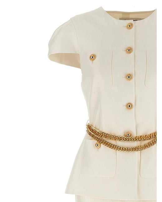 Self-Portrait White Cream Taffeta Chain Belt Maxi' Dress