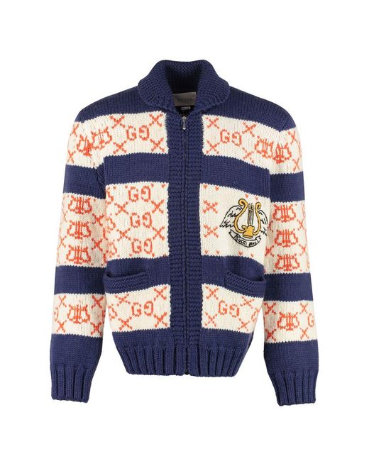 Gucci Blue Embroidered Wool Cardigan for men