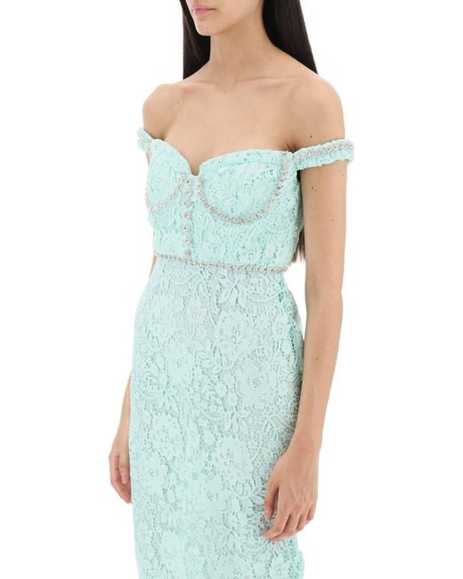 Self-Portrait Green Self Portrait Midi Dress In Floral Lace With Crystals